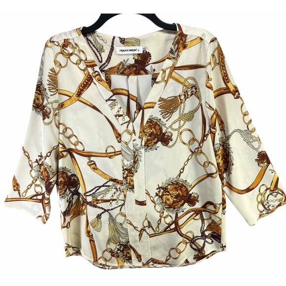 Hippocampe Blouse Top Womens M Cream Chain Print 3/4 Sleeve Old Money Equestrian - Picture 2 of 15